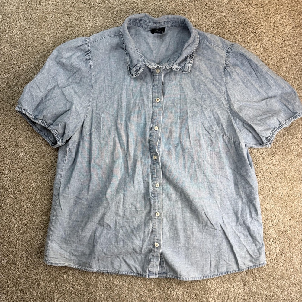 J.Crew Shirt Womens L Blue Chambray Short Sleeve Button Up Cotton Top Casual